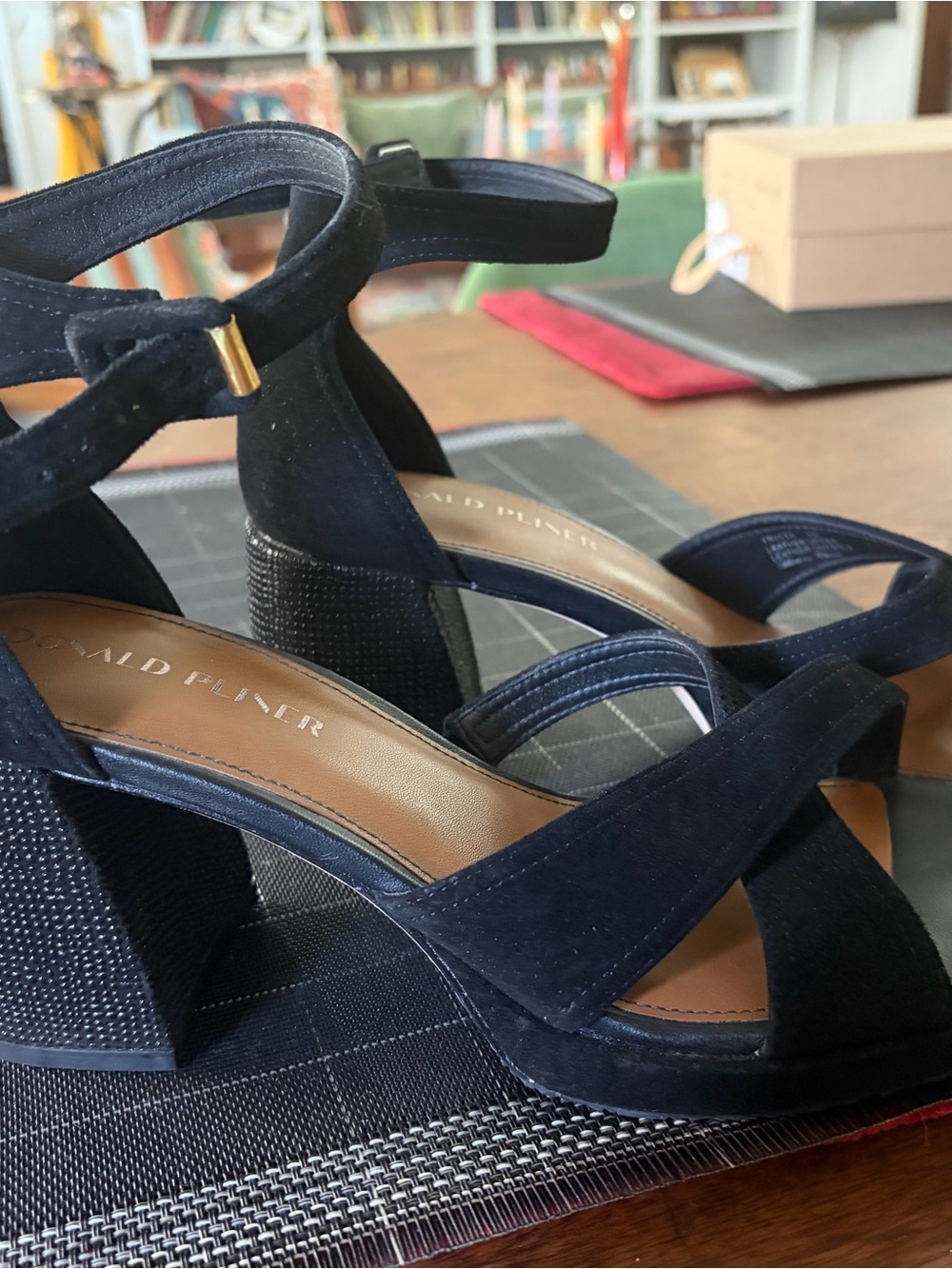 Donald J. Pliner Black/ Silver Suede Block Heel Sandals with Ankle Strap
